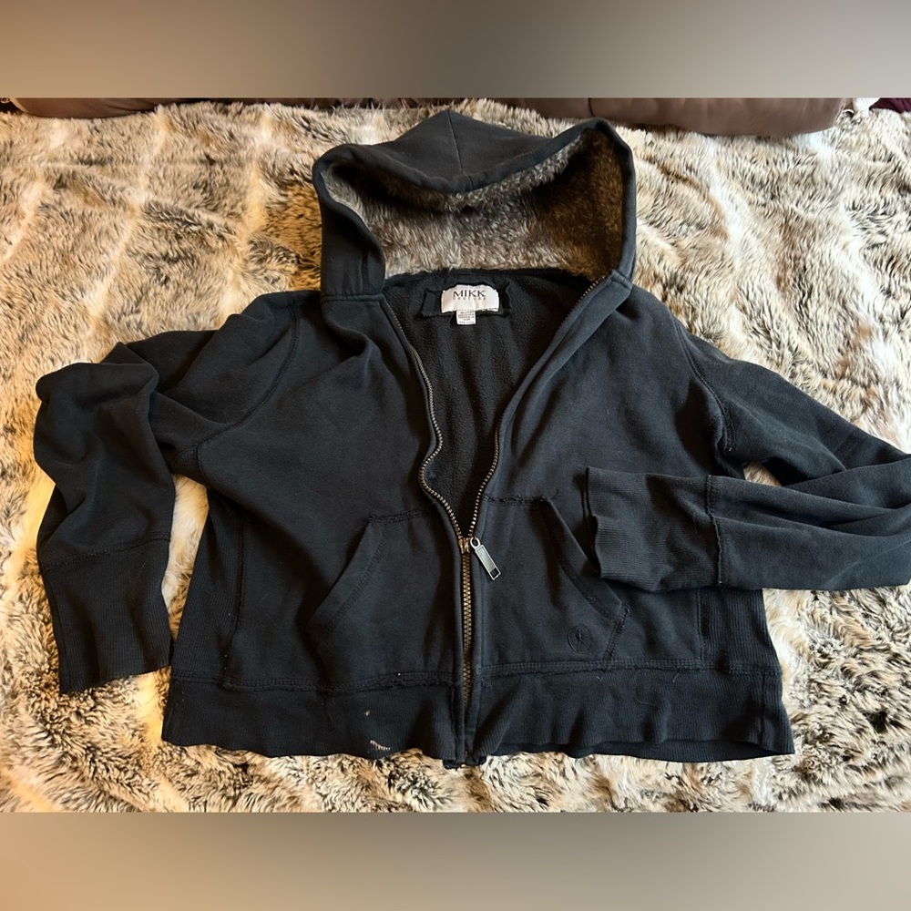 Thick Faux Fur Zip Up Cropped Hoodie Pockets & Side Stretch Long Sleeved Couture